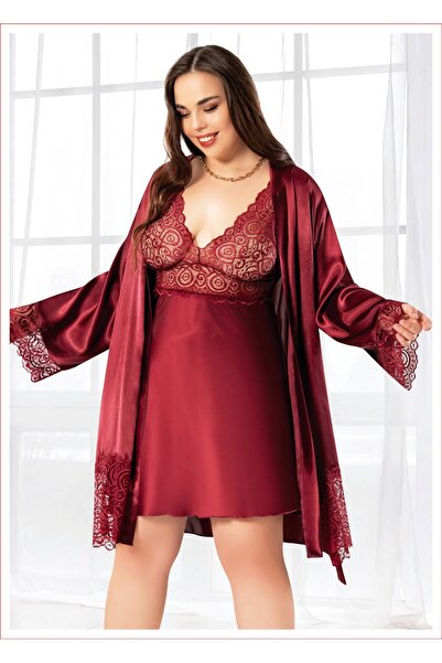 CARLEEN MODA BÜYÜK BEDEN 2’Lİ BORDO SATEN DANTELLİ GECELİK TAKIMI