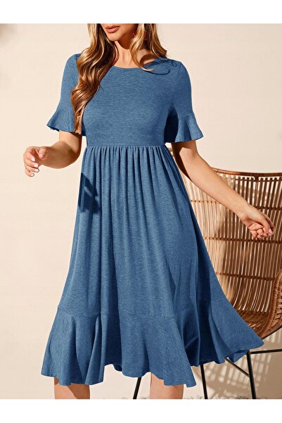 NO BRAND Rochie albastră cu imperfecțiuni, midi, cu mânecă scurtă, Shein 40/42