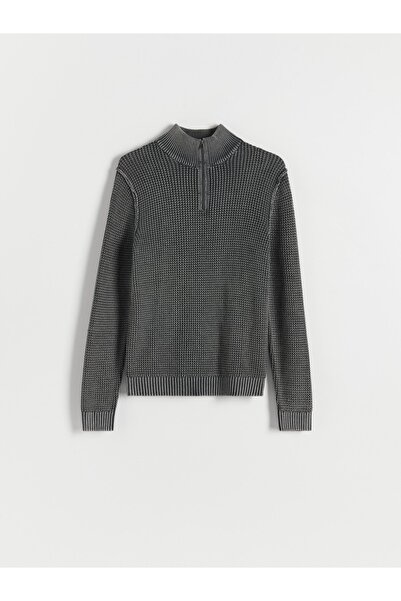 NO BRAND Pulover tricotat gri cu guler rulat, din bumbac, cu fermoar clasic, ...