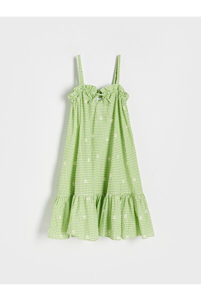 NO BRAND Rochie Zielono albă din bumbac, în carouri florale, cu bretele, mări...