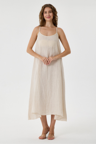 della moor Beige Italian 100% Linen Long Linen Dress with Straps, Size 38 - 42