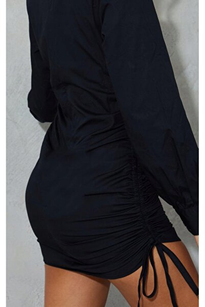NO BRAND Rochie cămașă neagră mini, drapată, din bumbac, Prettylittlething 34