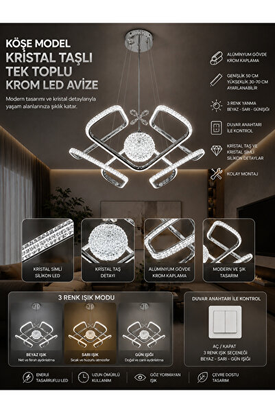 Genel Markalar Köşe Model Kristal Taşlı Tek Toplu Krom LED Avize - 3 Renk Ayd...
