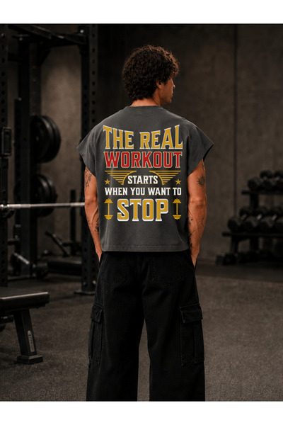 EVIus تي شيرت GYM Sporcu The Real Workout مطبوع بمقاس كبير وبدون أكمام وياقة ...