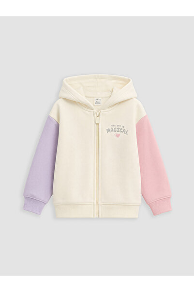 LC Waikiki Ekru Kapüşonlu Kız Çocuk Fermuarlı Sweatshirt