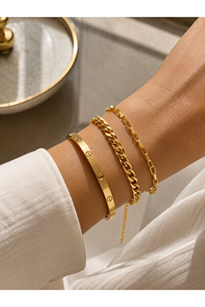Adata Jewelry Çelik 3lü Kadın Kombin Bileklik Seti Kelepçe / Zincir Model Gol...