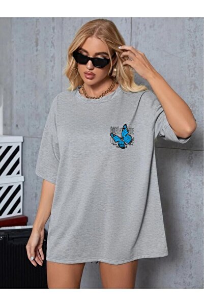 H&GHAMLEGİYİM Women's Oversize Chest Blue Butterfly Printed T-shirt