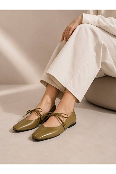Trendlov Luna Khaki Women's Lace-Up Square Toe Ballerinas