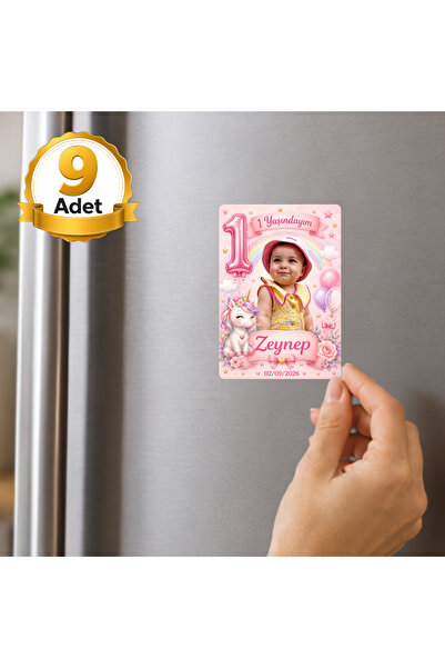 Hediye Baskıcı Unicorn Temalı 1 Yaş Fotoğraflı Dikey 9 Adet Buzdolabı Magneti...