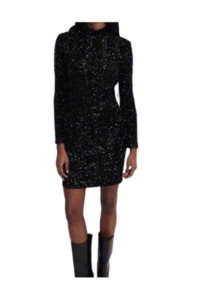 NO BRAND Rochie mini neagră cu paiete, din catifea, cu mâneci lungi, mărimea S.