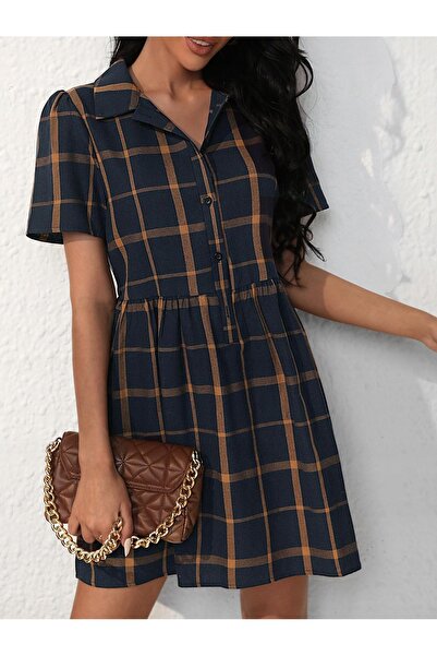 NO BRAND Rochie mini scurtă, uni, în carouri, cu guler cu nasturi, mânecă scu...