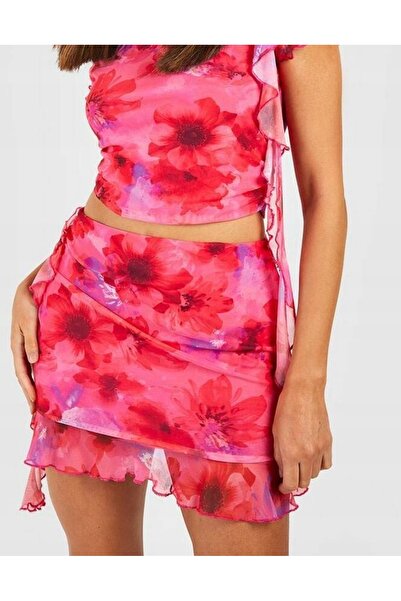 NO BRAND Fustă mini roz cu flori și volane, cu talie înaltă, boohoo 42