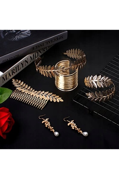 NO BRAND Accesorii bogini greco-romani, set complet de cercei din aur cu frunze