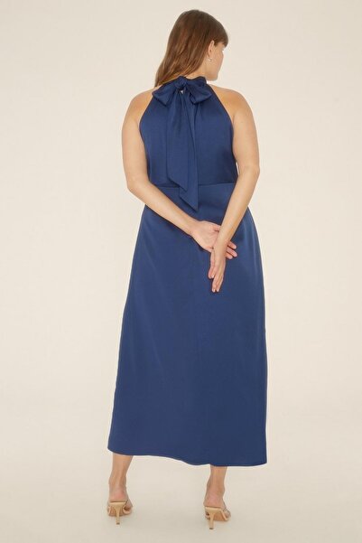 NO BRAND Rochie Midaxi Clasic Bleumarin cu Guler Înalt, Fără Mâneci, cu Șnur,...