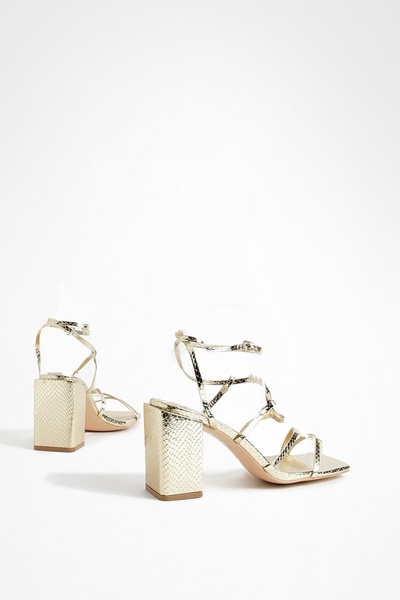 NO BRAND Boohoo Sandale cu toc din piele cu imprimeu șarpe, design metalic cl...