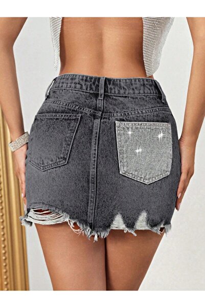 NO BRAND Fustă din denim gri mini, cu buzunare, cu strasuri, cu rupturi, Shei...