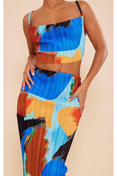 NO BRAND Prettylittlething 38 Fustă Maxi Multicoloră Plisată Abstractă