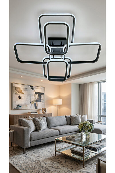 G-Light 6'lı Dikdörtgen LED Plafonyer Avize Siyah Kasa 3 Renk Modern Salon Av...