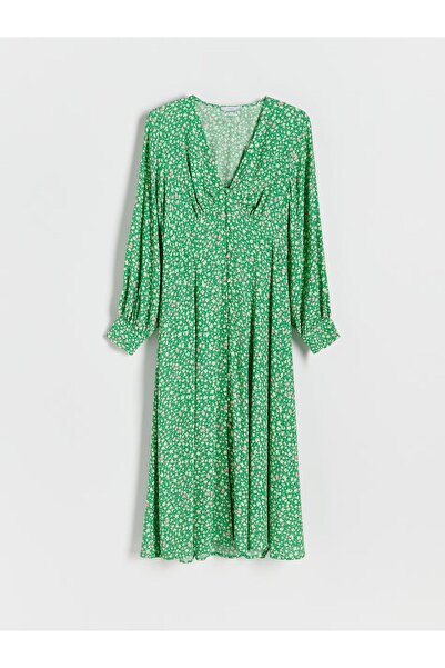 NO BRAND Rochie verde din viscoză cu imprimeu floral, cu mânecă lungă, cu nas...