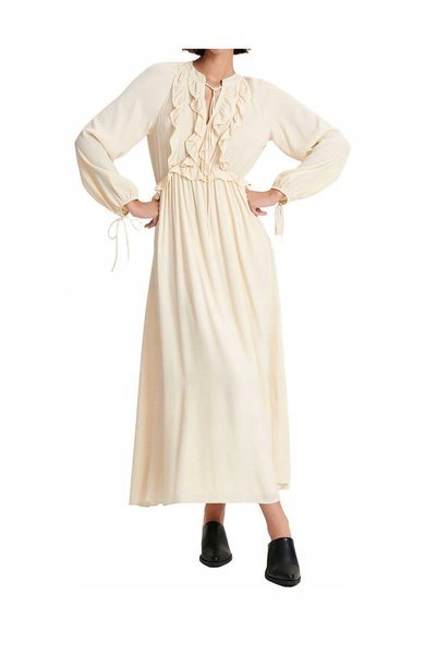 NO BRAND Rochie maxi crem din viscoză cu volane și mânecă lungă, mărimea M
