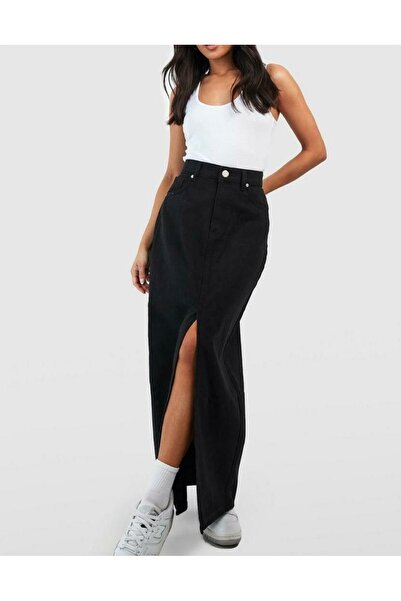 NO BRAND Fustă clasică dreaptă din denim negru, maxi, cu șliț, Boohoo 34