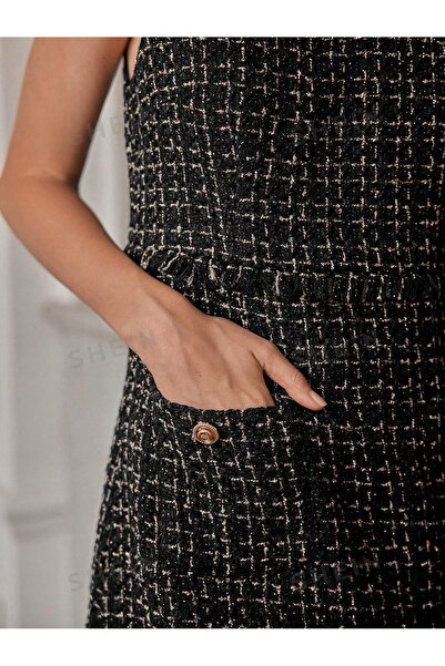 NO BRAND Rochie neagră din tweed, cambrată, cu decolteu în V și buzunare, She...