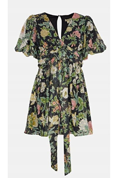 NO BRAND Rochie mini clasică neagră cu modele florale și cusături aurii, Oasi...
