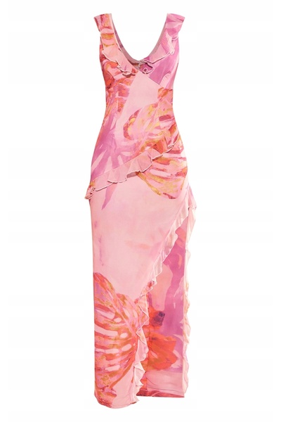 NO BRAND Rochie maxi roz cu bretele late și volane Prettylittlething 34