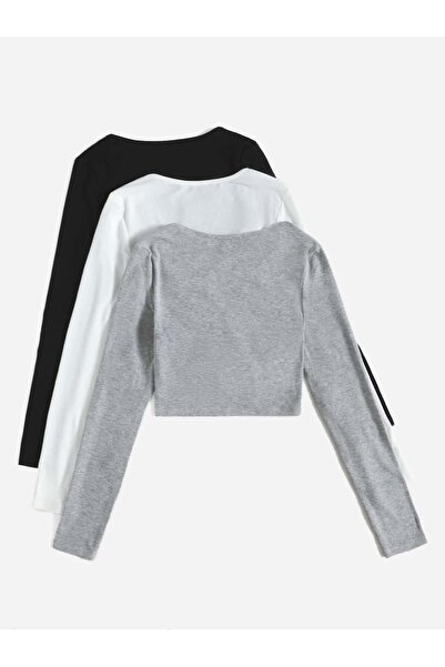 NO BRAND Bluză cu imprimeu, Top scurt, Mânecă lungă, Set de 3 piese, Culori, ...