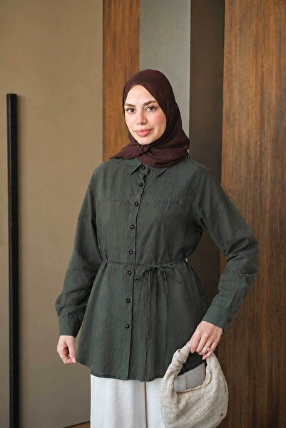 LOCCO Women's Front Hem Detail Waist Tie Shirt Green