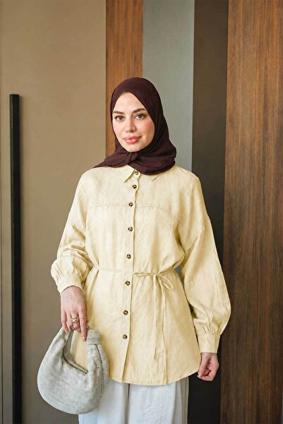 LOCCO Women's Front Hem Detail Waist Tie Shirt Light Yellow