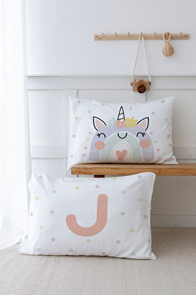 Tuğba Kuğu 2 Pillow Case (35X45) Salmon Unicorn - Letter Series - Letter J