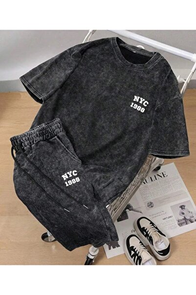 LAND MODA Men's Street Fashion "Nyc" Patterned T-Shirt and Shorts Set, Lightl...