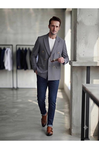 MY DEDE Kruvaze slim fit dar kesim gri düz spor erkek ceket