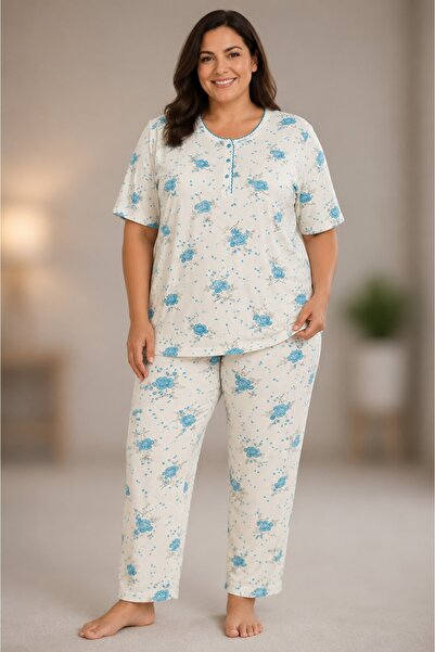 Manolya Large Size 100% Cotton Short Sleeve Ribbed Pajama Set