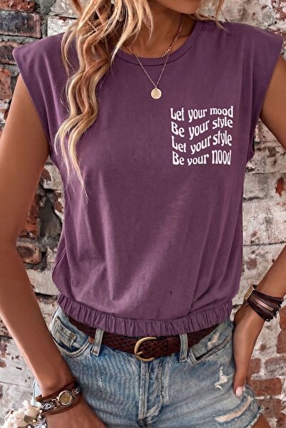 Mood Lab Lastik Detaylı Slogan Baskılı Kolsuz Tişört