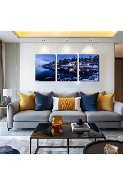 HOME MODE Winter Snowy Lake House 3 Panel Gallery Wrapped Canvas Wall Art | 3...