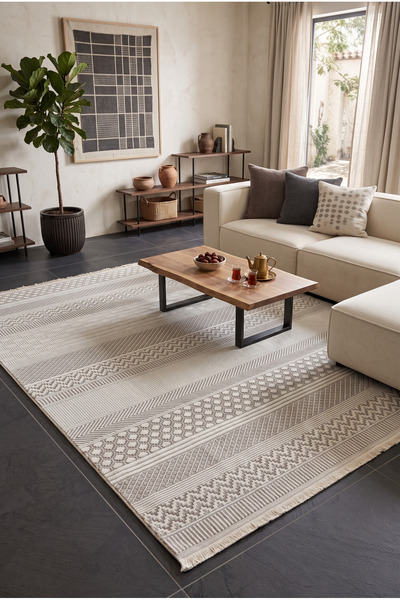 Pastel Modern Dokulu Geometrik Çizgili Desenli Vizon Renkli Halı Oturma Odası...