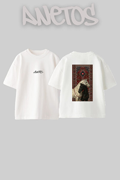 Anetos White Black Horses Design Back Printed Cotton White Oversize T-Shirt