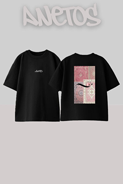 Anetos Pink Fars Hali Design Back Printed Cotton Black Oversize T-Shirt