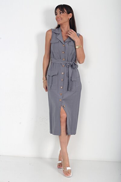 By Saygı Women's Buttoned Front Midi Safari Dress with Pockets