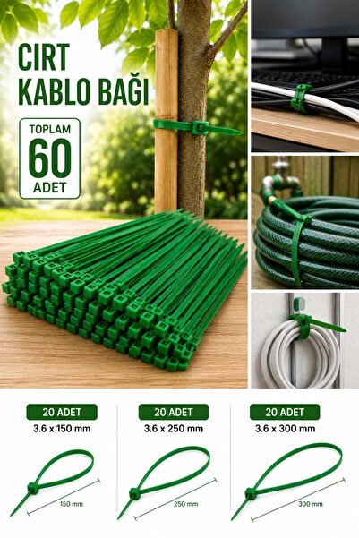Aryes Plastik Kablo Bağı Seti 60 Adet 15 cm 25 cm 30 cm Yeşil 3.6 mm Bahçe Çi...