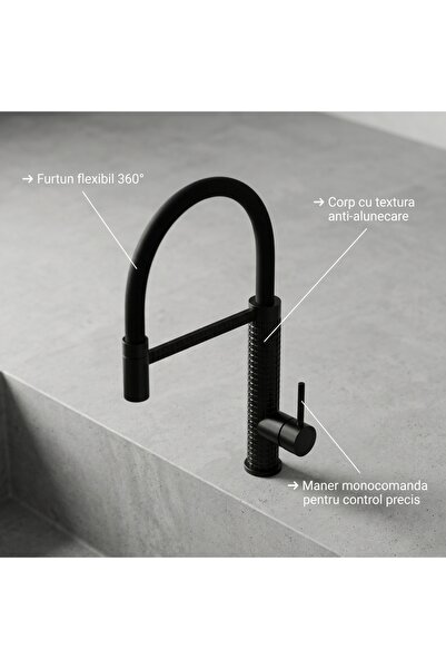 Elysar Baterie Bucatarie Profesionala cu Pipa Flexibila si Inalta, Elysar®,Design Modern Premium,Rotire 360 de Grade, Finisaj Negru