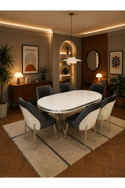 Concept Ayz Home Tokyo Krom Serisi Krem-Füme Kumaş 6 Kişilik 90×168 Oval Beya...
