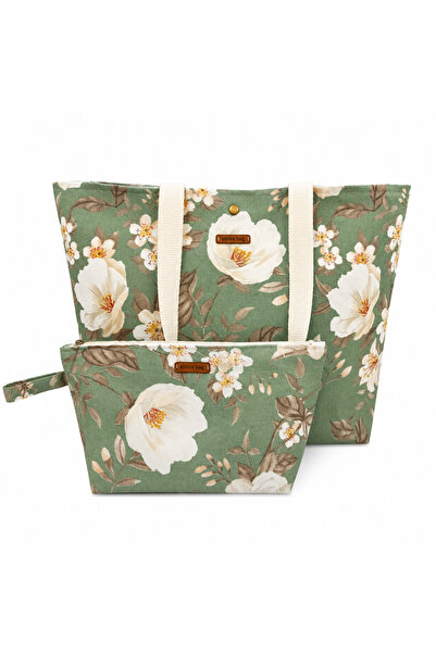 Elisss Design Green Floral Patterned Women's Double Pocket Picnic, Beach, Mak...