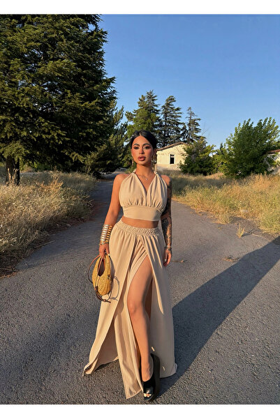 kırmızı butiks Beige Slit Sahra Set