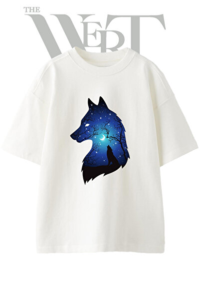 THEWERT Tricou supradimensionat alb unisex cu imprimeu Wolf Moon Design