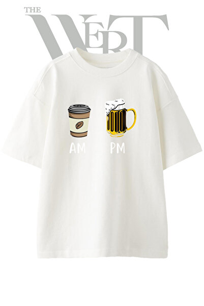 THEWERT Coffee Beer Design Printed Unisex White Oversize T-Shirt