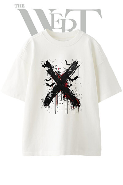 THEWERT Tricou supradimensionat alb unisex cu imprimeu Gothic X Bats Design