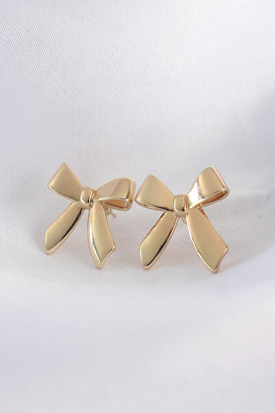 Mega Bazaar Brass Gold Color Flat Plate Bow Earrings